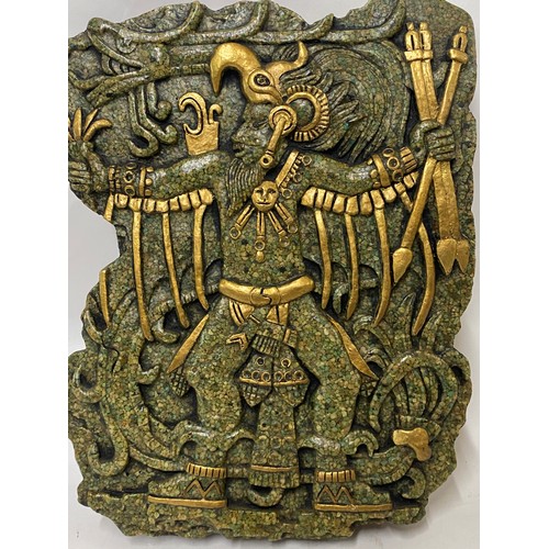 304 - Vintage Wood Mounted Mexican Aztec Feathered Serpent Codex Artifact Crushed Stone Carved Deity 27cm ... 