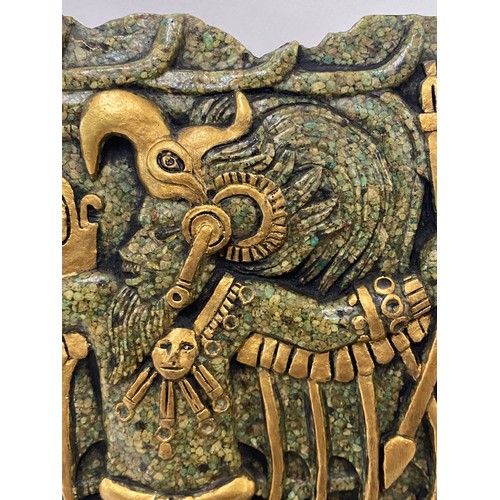 304 - Vintage Wood Mounted Mexican Aztec Feathered Serpent Codex Artifact Crushed Stone Carved Deity 27cm ... 