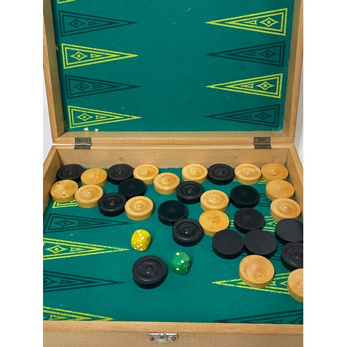 306 - Vintage Multi Game Backgammon / Chequers Box with Dice and Game Pieces 37.5cm x 30.5cm x 10cm