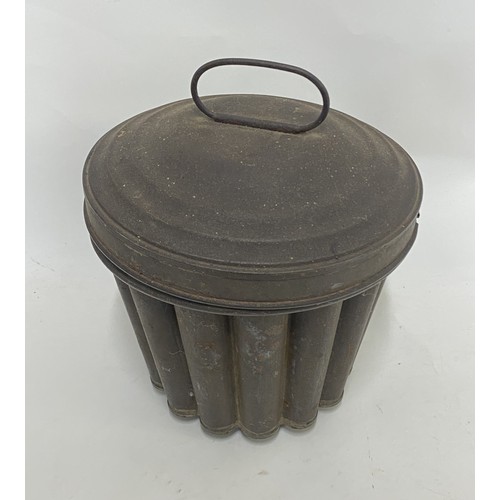 310 - Antique Metal Tin Cake / Pudding Mould with Lid 22cm Height 18.5cm Diameter