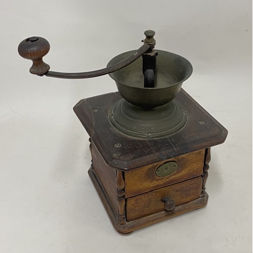 312 - Vintage Wood and Brass Depoeirte Marke Hand Crank Coffee Grinder with Drawer 25cm x 18cm x 18cm