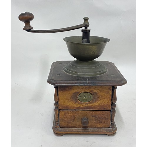 312 - Vintage Wood and Brass Depoeirte Marke Hand Crank Coffee Grinder with Drawer 25cm x 18cm x 18cm