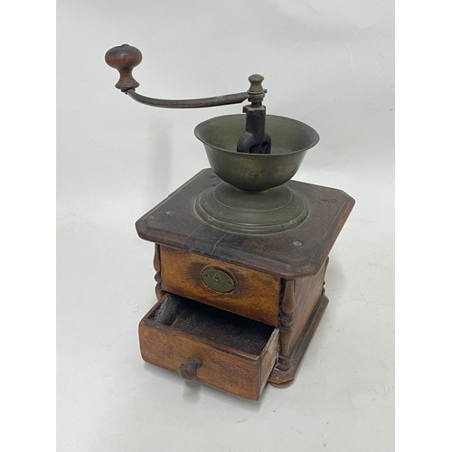 312 - Vintage Wood and Brass Depoeirte Marke Hand Crank Coffee Grinder with Drawer 25cm x 18cm x 18cm