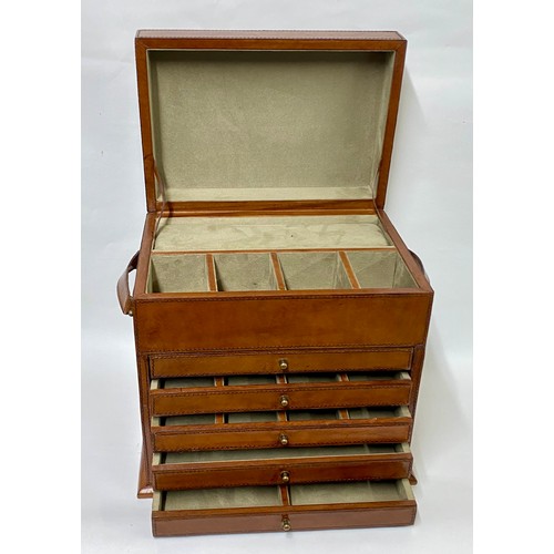 150 - Five Drawer Leather Bound Jewellery Organiser Box with Carry Handles 33cm x 32cm x 23cm