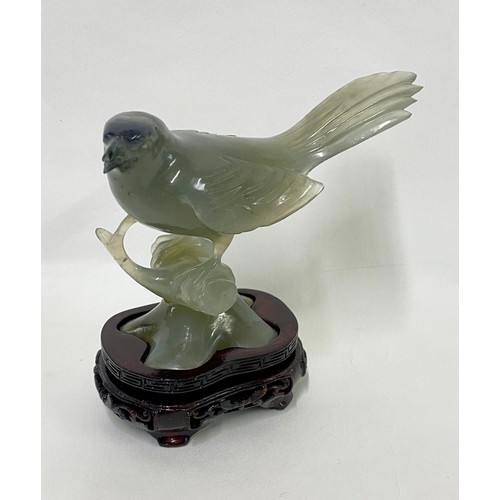 158 - Vintage Chinese Style Carved Jade  Bird Sculpture Raised on Carved Wooden Stand 12cm Height