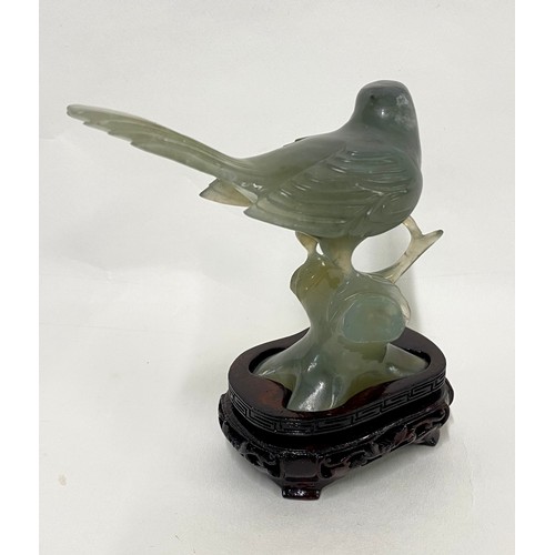 158 - Vintage Chinese Style Carved Jade  Bird Sculpture Raised on Carved Wooden Stand 12cm Height