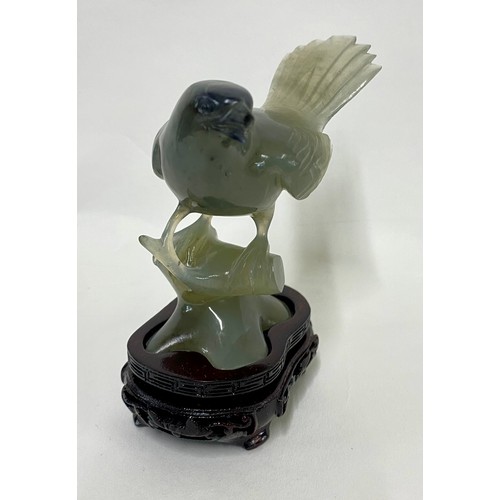 158 - Vintage Chinese Style Carved Jade  Bird Sculpture Raised on Carved Wooden Stand 12cm Height