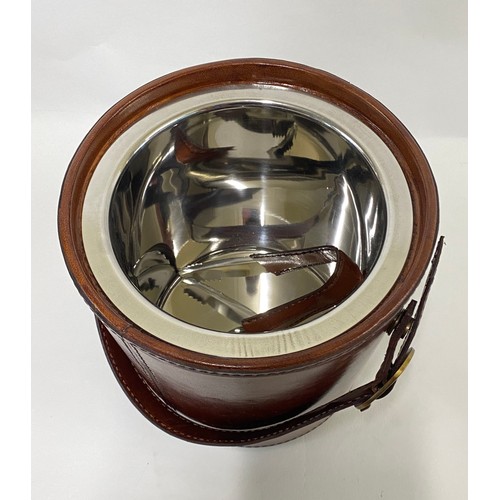 159 - Brown Leather Bound Ice Bucket with Tongs and Carry Handle 23cm Height. 19cm Diameter