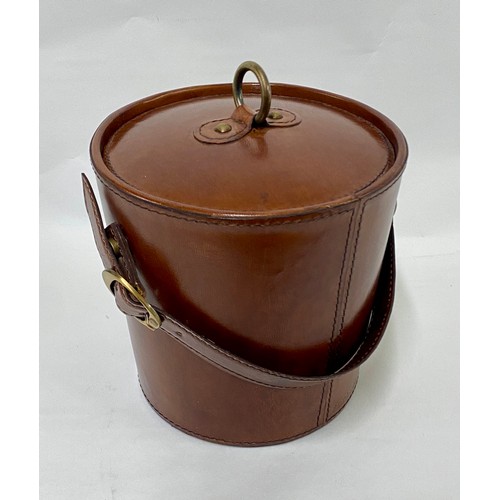 159 - Brown Leather Bound Ice Bucket with Tongs and Carry Handle 23cm Height. 19cm Diameter