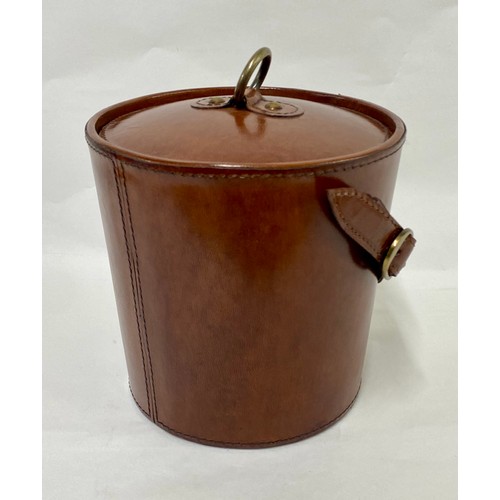 159 - Brown Leather Bound Ice Bucket with Tongs and Carry Handle 23cm Height. 19cm Diameter