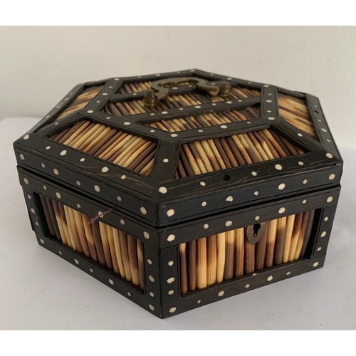 175 - Antique Ebony Hand Made Hexagonal Dome Top Porcupine Quill Box From CEYLON
22 x 19 x 9 cms h