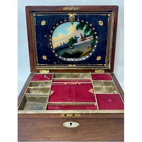 182 - Vintage Mother of Pearl Inlay Wooden Sewing Box With Hand Painted Insert 30.5cm x 22.5cm x 12cm