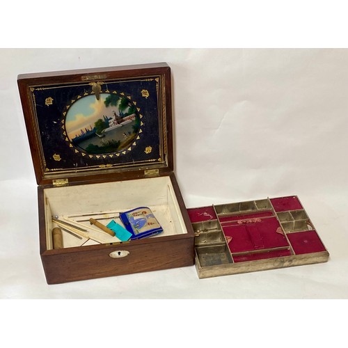 182 - Vintage Mother of Pearl Inlay Wooden Sewing Box With Hand Painted Insert 30.5cm x 22.5cm x 12cm