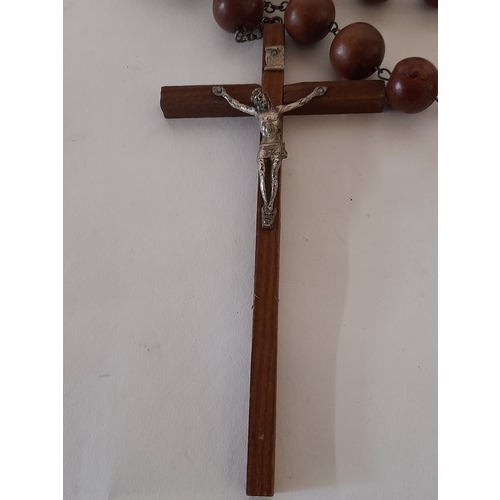 17 - Rosary Beads with attached white metal plaque and wooden cross with Christ, Cross measures 17.5cm x ... 