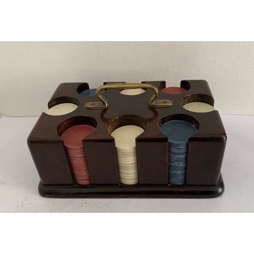 124 - Vintage Mid Century Wooden Poker Chip Caddy Together With 8 Columns Of Red White And Blue Chips
19 x... 