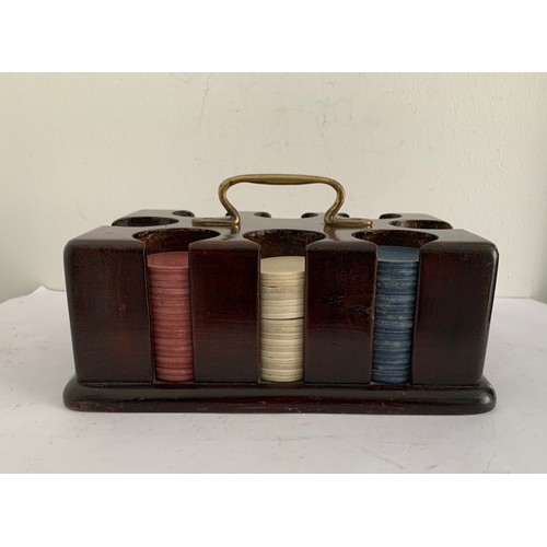 124 - Vintage Mid Century Wooden Poker Chip Caddy Together With 8 Columns Of Red White And Blue Chips
19 x... 