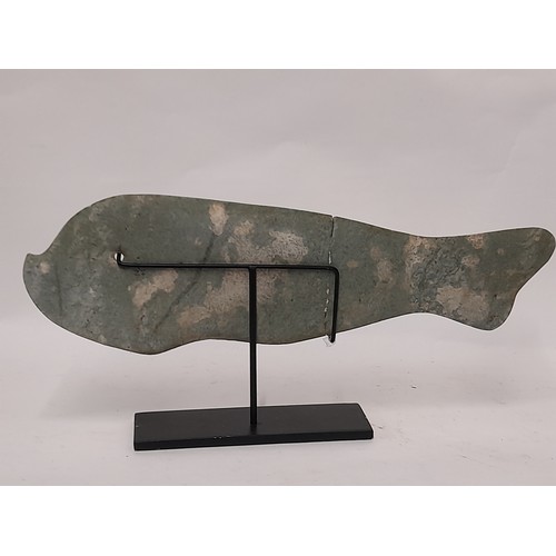 53 - Chinese  Stone Bi-Disc Fish on Stand, 40cm long