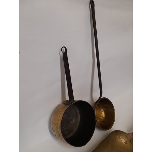 59 - 2 x Antique  Brass Pans with Iron Handle and a Scoop (3)