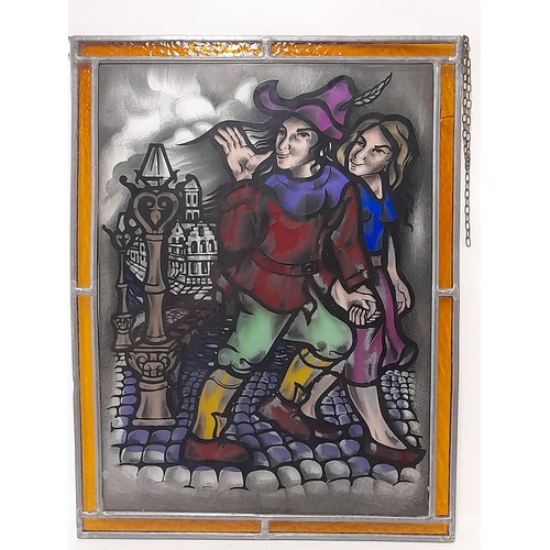 61 - Lead And Stain Glass Panel of a man and Woman, 29cm x 39cm