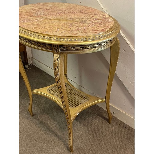 10 - French Gilt Wood Decorated Oval Marble Top Table. 76 x 67 x 54 cms