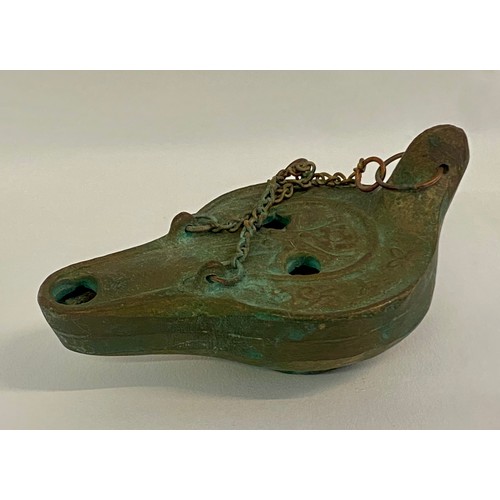 190 - Small Vintage Bronze ‘Catacombe’ Oil Lamp with Chain 10cm x 6cm x 5cm