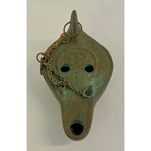 190 - Small Vintage Bronze ‘Catacombe’ Oil Lamp with Chain 10cm x 6cm x 5cm