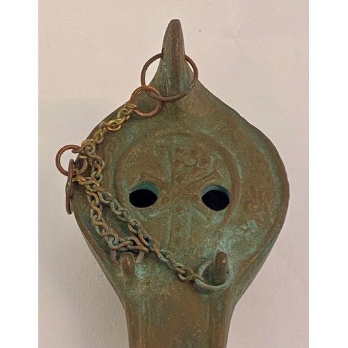 190 - Small Vintage Bronze ‘Catacombe’ Oil Lamp with Chain 10cm x 6cm x 5cm