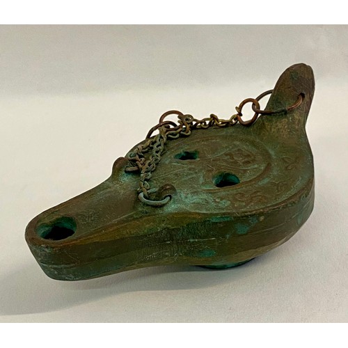 190 - Small Vintage Bronze ‘Catacombe’ Oil Lamp with Chain 10cm x 6cm x 5cm