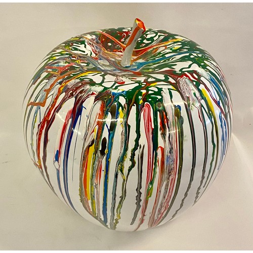 197 - Modernist Fluid Paint Art Decorated Apple Ornament 32cm Height. 28cm Diameter