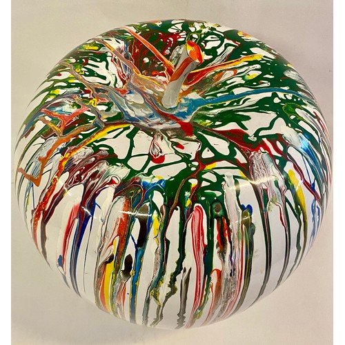 197 - Modernist Fluid Paint Art Decorated Apple Ornament 32cm Height. 28cm Diameter