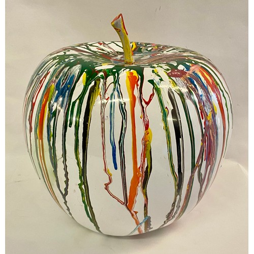 197 - Modernist Fluid Paint Art Decorated Apple Ornament 32cm Height. 28cm Diameter