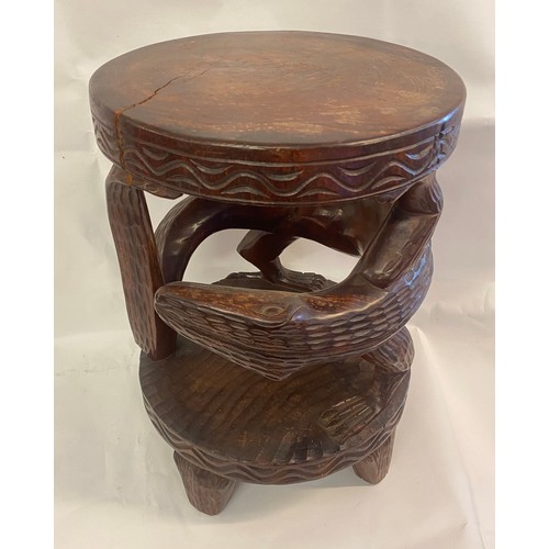 202 - Vintage Hand Carved Wood Oriental Style Komodo Dragon Design Stool / Table 51cm Height. 35cm Diamete... 