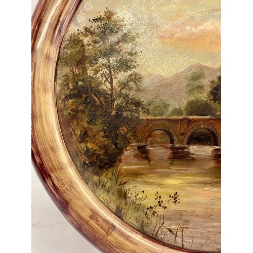 204 - A Circular Watcombe Torquay Local Interest Painted Terracotta Wall Plaque Depicting a Bridge Scene 4... 