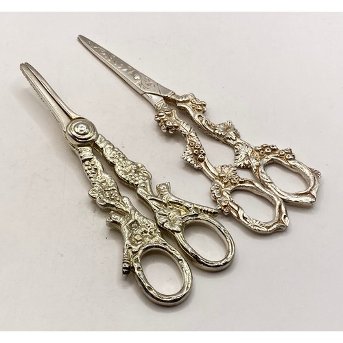 253 - Two Grape Decoration Hallmarked Silver Scissors. Weight 5.687 Oz. Largest 16cm Length