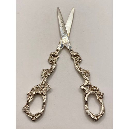 253 - Two Grape Decoration Hallmarked Silver Scissors. Weight 5.687 Oz. Largest 16cm Length