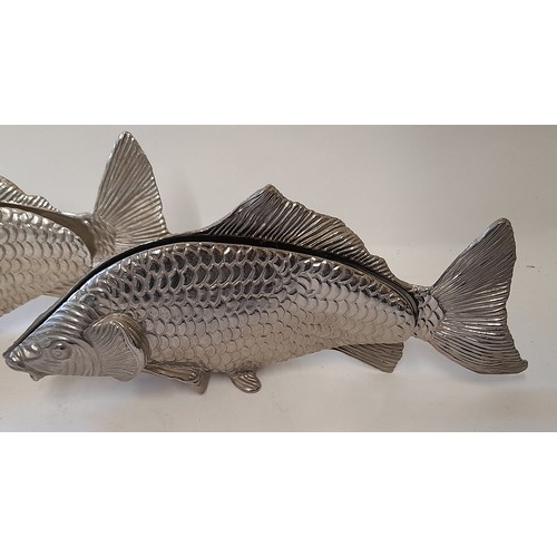 75 - 2 x white metal Fish Menu Holders in the form of Carp, 23cm x 10cm