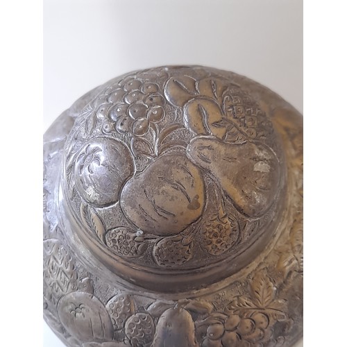 79 - Indian metal lidded vase with Fruit design, 20cm high