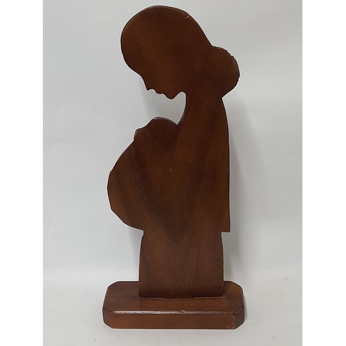 95 - Wood carved Mother and Child on Plinth, 39cm high