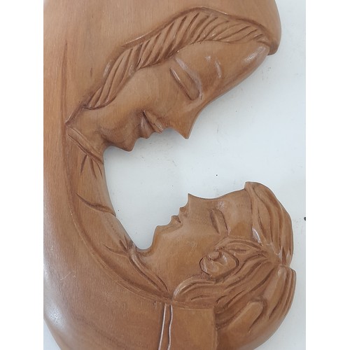 96 - Wood Carved Mother and Child for wall hanging, 30cm long