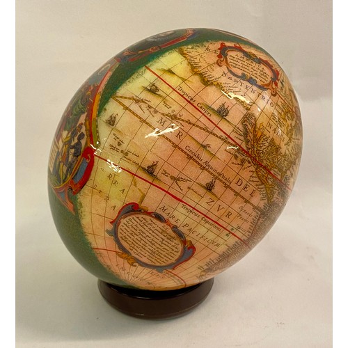 205 - Vintage Glazed Ostrich Egg with World Map Design on Base 15.5cm Height