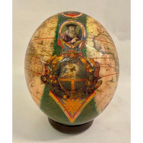 205 - Vintage Glazed Ostrich Egg with World Map Design on Base 15.5cm Height