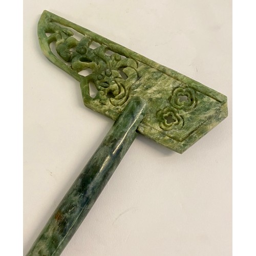 210 - Large Vintage Green Carved Jade Oriental Style Axe Ornament 27.5cm x 21cm