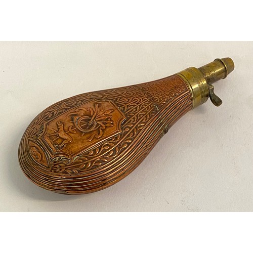 214 - Antique Decorated Brass / Copper Powder Flask with Numbered Marks to Spout 17cm x 7.5cm