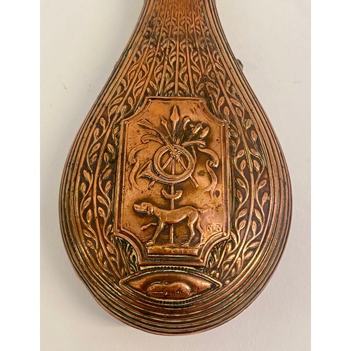 214 - Antique Decorated Brass / Copper Powder Flask with Numbered Marks to Spout 17cm x 7.5cm