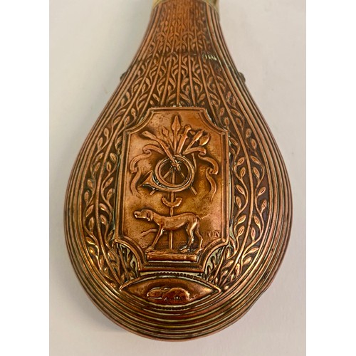 214 - Antique Decorated Brass / Copper Powder Flask with Numbered Marks to Spout 17cm x 7.5cm