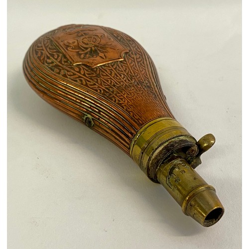 214 - Antique Decorated Brass / Copper Powder Flask with Numbered Marks to Spout 17cm x 7.5cm