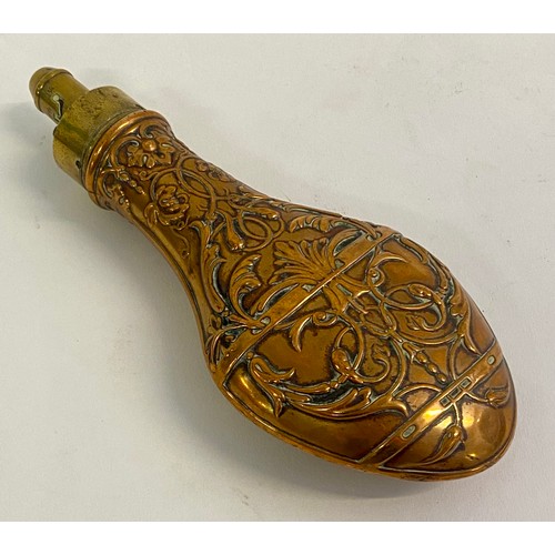 216 - Antique  Decorated Brass / Copper G & J.W Hawksley Powder Flask with Markings to Spout 21cm x 8cm