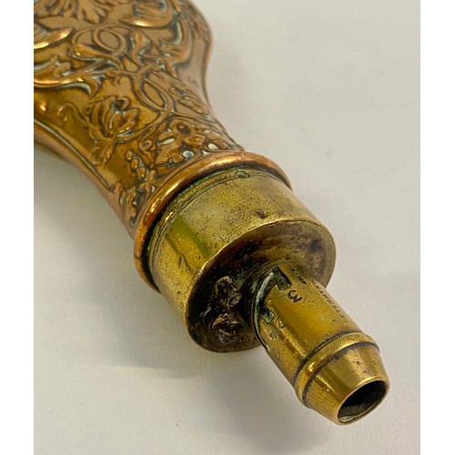 216 - Antique  Decorated Brass / Copper G & J.W Hawksley Powder Flask with Markings to Spout 21cm x 8cm