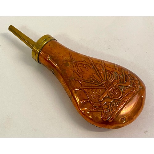 217 - Antique Military Decorated Brass / Copper Powder Flask 20cm x 8cm