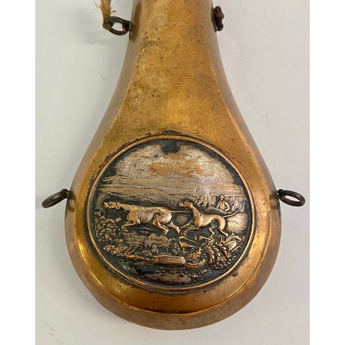 218 - Antique  Brass / Copper James Dixon and Sons ‘Improved Patent’ Powder Flask with Hunt Scene Plaque D... 